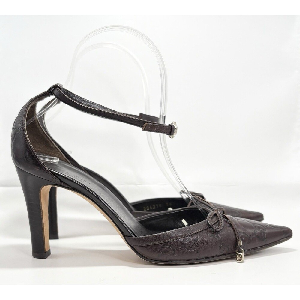 Gucci Brown Leather Guccissima GG Monogram Heels w/ Bow Accent Y2K Sz EU 36C 6 - Picture 5 of 14